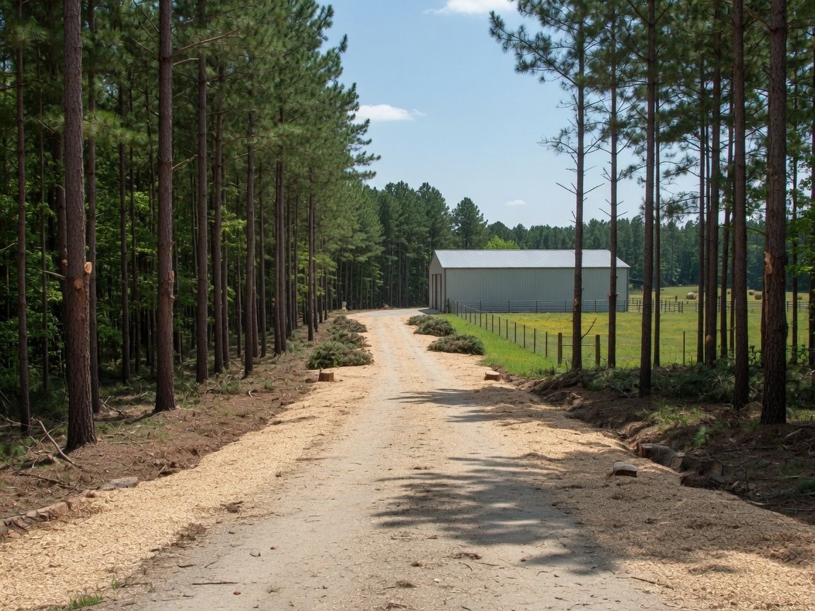 Driveway opening through timber to barn and pasture
